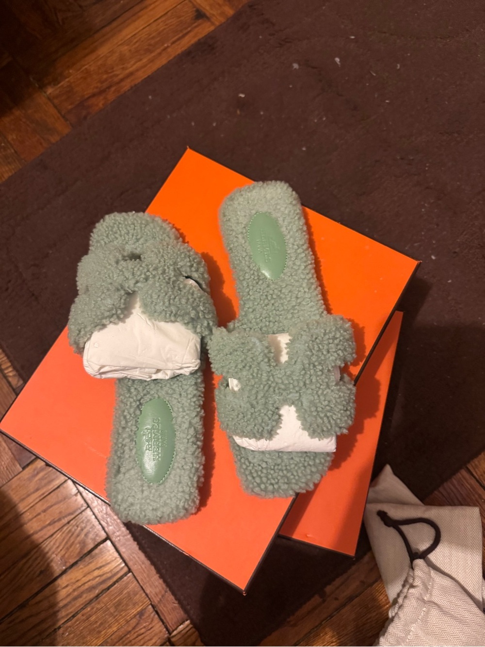 Hermes Green Shearling Oran Style Slide Sandals